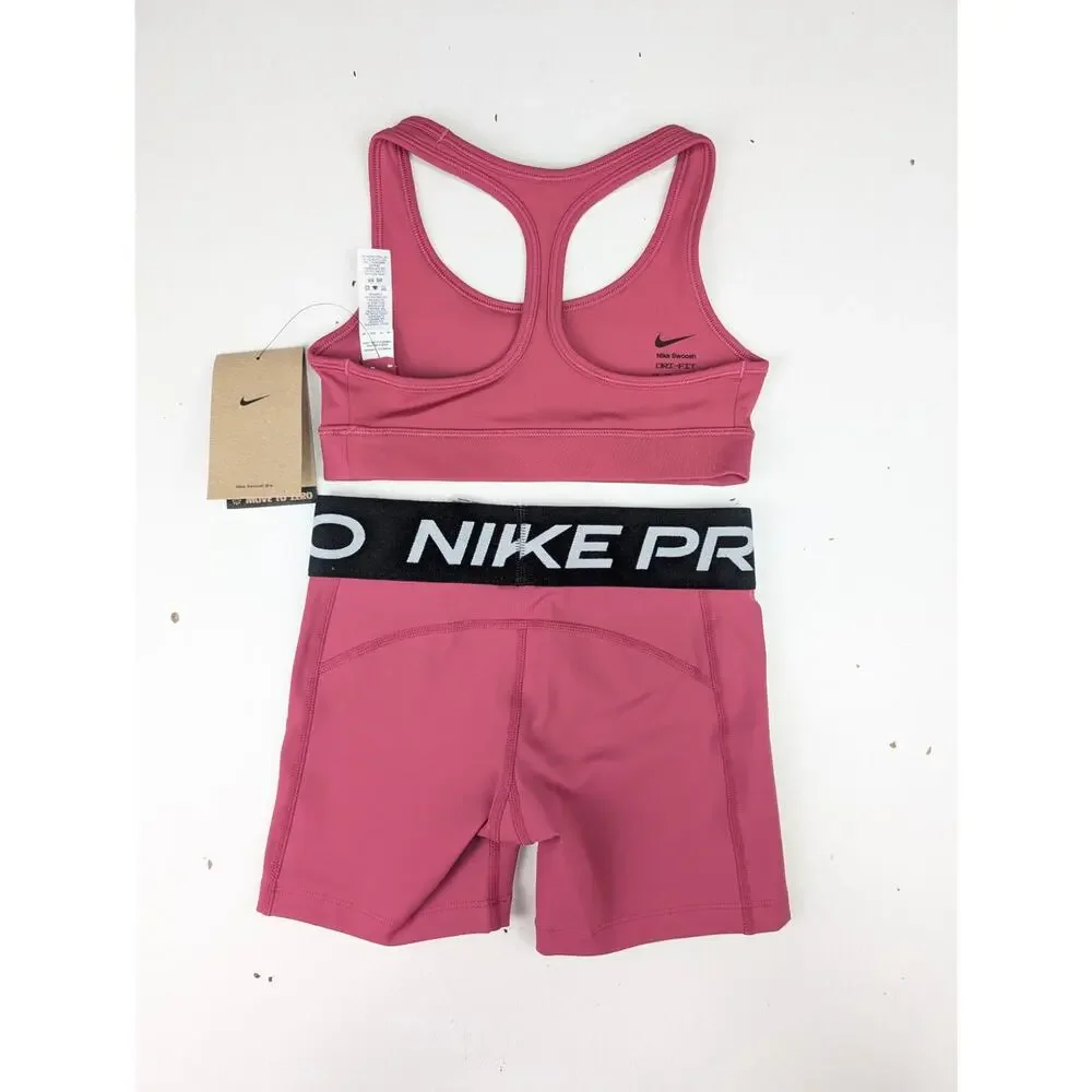 Nike Girl's Medium Pro Dri-Fit Swoosh Sports Bra & Bike Shorts Set - Sweet Beet